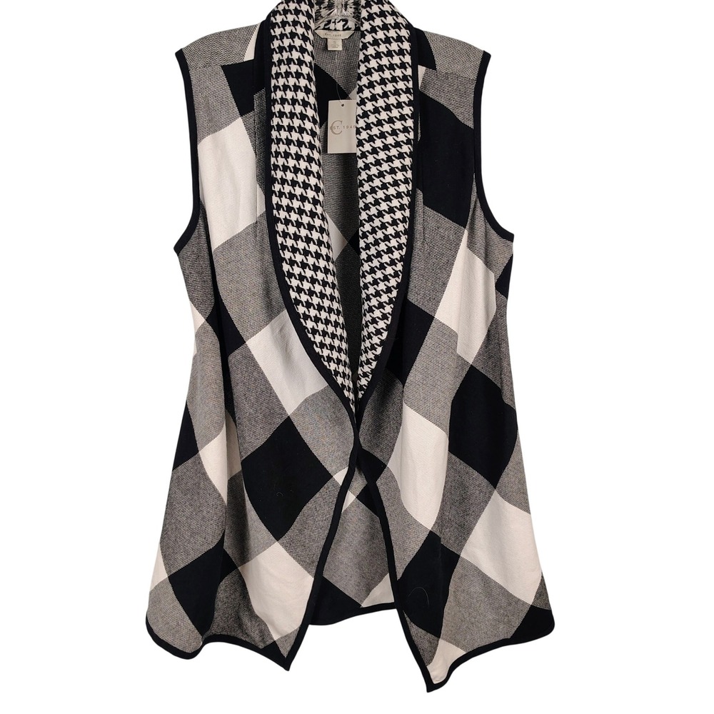 NWT Womens S EST. 1946 Open Front Vest Black White Cotton Plaid Dark Academia